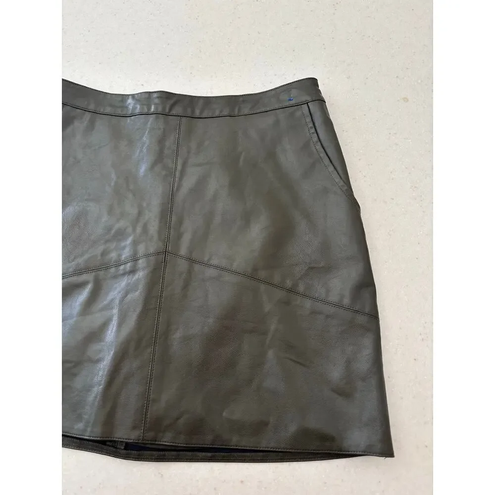 Harper Heritage Faux Leather Mini Skirt XS Olive Green A-Line Zip Back Pockets - Picture 6 of 13